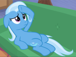 Size: 1253x940 | Tagged: safe, screencap, trixie, pony, g4, road to friendship, belly, couch, cropped, female, hoof on head, legs together, lying down, mare, solo, worried