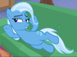 Size: 1281x940 | Tagged: safe, screencap, trixie, pony, g4, road to friendship, belly, couch, cropped, female, lidded eyes, mare, on side, smiling, smirk, solo, underhoof