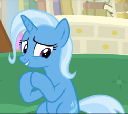 Size: 1053x940 | Tagged: safe, screencap, trixie, pony, g4, road to friendship, cropped, cute, diatrixes, female, hooves together, mare, nervous, sitting, smiling, solo