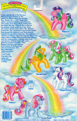 Size: 709x1117 | Tagged: safe, photographer:breyer600, fizzy, galaxy (g1), gingerbread, masquerade (g1), sweet stuff, whizzer, twinkle eyed pony, g1, official, backcard, barcode, blushing, bow, cute, fizzybetes, galaxydorable, gingerbetes, masqueradorable, rainbow, story, sweet sweet stuff, tail bow, whizzabetes