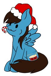 Size: 1456x2152 | Tagged: safe, artist:noxi1_48, oc, oc only, pegasus, pony, :3, candy, candy cane, christmas, commission, dot eyes, food, happy, hat, holiday, santa hat, simple background, solo, sugar cane, white background, ych result
