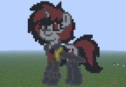 Size: 1024x705 | Tagged: safe, artist:artsy46, artist:artsy_46, oc, oc only, oc:blackjack, cyborg, pony, unicorn, fallout equestria, fallout equestria: project horizons, pony town, amputee, clothes, cybernetic legs, fanfic art, female, grass, level 2 (project horizons), mare, minecraft, photo, pixel art, solo, sword, weapon