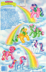 Size: 709x1117 | Tagged: safe, photographer:breyer600, fizzy, galaxy (g1), gingerbread, masquerade (g1), sweet stuff, whizzer, twinkle eyed pony, g1, official, backcard, barcode, blushing, bow, cute, fizzybetes, galaxydorable, gingerbetes, masqueradorable, rainbow, sweet sweet stuff, tail bow, whizzabetes