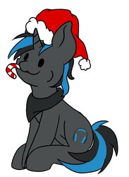 Size: 1553x2124 | Tagged: safe, artist:noxi1_48, oc, oc only, pony, :3, candy, candy cane, christmas, clothes, commission, dot eyes, food, happy, hat, holiday, santa hat, scarf, simple background, solo, sugar cane, white background, ych result