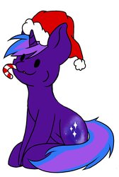 Size: 1468x2184 | Tagged: safe, artist:noxi1_48, oc, oc only, pony, unicorn, :3, candy, candy cane, christmas, commission, dot eyes, food, happy, hat, holiday, santa hat, simple background, solo, sugar cane, white background, ych result
