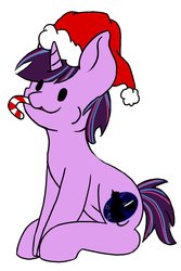 Size: 1408x2112 | Tagged: safe, artist:noxi1_48, oc, oc only, pony, unicorn, :3, candy, candy cane, christmas, commission, dot eyes, food, happy, hat, holiday, santa hat, simple background, solo, sugar cane, white background, ych result