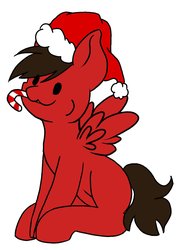 Size: 1560x2112 | Tagged: safe, artist:noxi1_48, oc, oc only, pegasus, pony, :3, candy, candy cane, christmas, commission, dot eyes, food, happy, hat, holiday, santa hat, simple background, solo, sugar cane, white background, ych result