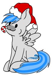 Size: 1456x2108 | Tagged: safe, artist:noxi1_48, oc, oc only, pegasus, pony, :3, candy, candy cane, christmas, commission, dot eyes, food, happy, hat, holiday, santa hat, simple background, solo, sugar cane, white background, ych result