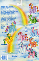 Size: 709x1117 | Tagged: safe, photographer:breyer600, fizzy, galaxy (g1), gingerbread, masquerade (g1), sky rocket, speedy, sweet pop (g1), sweet stuff, whizzer, earth pony, pegasus, pony, twinkle eyed pony, unicorn, g1, official, backcard, barcode, blushing, bow, cute, female, fizzybetes, galaxydorable, gingerbetes, mare, masqueradorable, rainbow, rocketbetes, speedydorable, story, sweet sweet pop, sweet sweet stuff, tail bow, whizzabetes