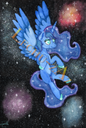Size: 500x741 | Tagged: safe, artist:lechu-zaz, princess luna, pony, g4, galaxy, obtrusive watermark, space, traditional art, watercolor painting, watermark