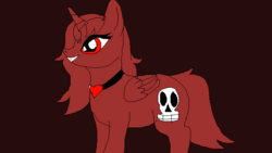 Size: 683x384 | Tagged: safe, oc, oc only, alicorn, pony, alicorn oc, black background, edgy, evil, female, heart, heart necklace, horn, jewelry, mare, necklace, oc villain, red, red eyes, simple background, skull, smiling, solo