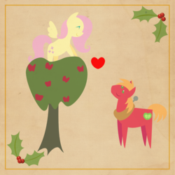 Size: 2000x2000 | Tagged: safe, anonymous artist, big macintosh, fluttershy, pony, series:12 days of hearth's warming, series:fm holidays, g4, apple, apple tree, border, christmas, eyes closed, female, floating heart, heart, hearth's warming, high res, holiday, holly, lidded eyes, looking down, looking up, male, pointy ponies, ship:fluttermac, shipping, straight, texture, tree, twelve days of christmas