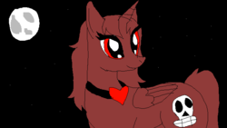 Size: 683x384 | Tagged: safe, oc, oc only, alicorn, pony, alicorn oc, black background, edgy, evil, heart, heart necklace, horn, jewelry, moon, necklace, oc villain, red, red eyes, simple background, skull, smiling, solo, space, stars