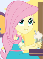 Size: 711x990 | Tagged: safe, screencap, fluttershy, dashing through the mall, equestria girls, equestria girls specials, g4, my little pony equestria girls: better together, my little pony equestria girls: holidays unwrapped, canterlot mall, chair, clothes, cropped, cute, dress, drink, female, flower, geode of fauna, jewelry, looking up, magical geodes, mall, necklace, shyabetes, sitting, smiling, straw, table, waistband