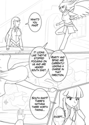 Size: 1280x1802 | Tagged: safe, artist:jonfawkes, rainbow dash, twilight sparkle, human, series:nightmare war, g4, black and white, comic, grayscale, humanized, monochrome, winged humanization, wings