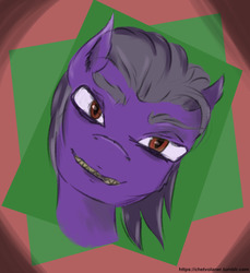 Size: 704x770 | Tagged: safe, artist:chet_volaner, oc, oc only, oc:chet volaner, pegasus, pony, bags under eyes, evil grin, grin, red eyes, smiling, solo