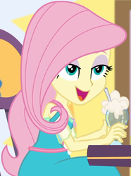 Size: 711x954 | Tagged: safe, screencap, fluttershy, dashing through the mall, equestria girls, equestria girls specials, g4, my little pony equestria girls: better together, my little pony equestria girls: holidays unwrapped, canterlot mall, chair, clothes, cropped, cute, dress, drink, female, flower, geode of fauna, jewelry, lidded eyes, looking up, magical geodes, mall, necklace, shyabetes, sitting, smiling, straw, table, waistband