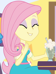 Size: 749x978 | Tagged: safe, screencap, fluttershy, dashing through the mall, equestria girls, equestria girls specials, g4, my little pony equestria girls: better together, my little pony equestria girls: holidays unwrapped, chair, clothes, cropped, cute, dress, drink, eyes closed, female, flower, geode of fauna, jewelry, magical geodes, mall, necklace, shyabetes, sitting, smiling, straw, table, waistband