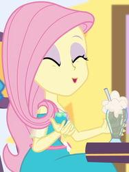 Size: 738x984 | Tagged: safe, screencap, fluttershy, dashing through the mall, equestria girls, equestria girls specials, g4, my little pony equestria girls: better together, my little pony equestria girls: holidays unwrapped, canterlot mall, chair, clothes, cropped, cute, dress, drink, eyes closed, female, flower, geode of fauna, jewelry, magical geodes, mall, necklace, shyabetes, sitting, smiling, straw, table, waistband