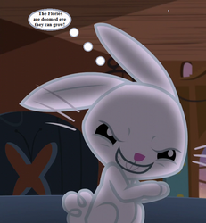 Size: 648x702 | Tagged: safe, edit, edited screencap, editor:korora, screencap, angel bunny, rabbit, fugitive flowers, g1, g4, scare master, animal, cropped, evil grin, fluttershy's cottage, g1 to g4, generation leap, grin, implied flories, male, smiling, solo, thought bubble