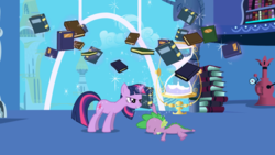 Size: 2880x1619 | Tagged: safe, screencap, spike, twilight sparkle, dragon, pony, unicorn, friendship is magic, g4, book, duo, face down, faceplant, female, garyfier, hourglass, magic, male, mare, telekinesis, twilight's canterlot home, unicorn twilight