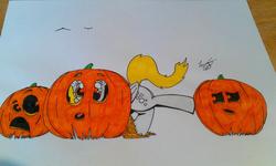 Size: 3264x1952 | Tagged: safe, artist:lucas_gaxiola, derpy hooves, pegasus, pony, g4, female, halloween, holiday, irl, jack-o-lantern, mare, photo, pumpkin, solo, traditional art