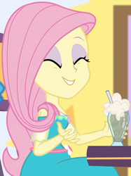 Size: 738x986 | Tagged: safe, screencap, fluttershy, dashing through the mall, equestria girls, equestria girls specials, g4, my little pony equestria girls: better together, my little pony equestria girls: holidays unwrapped, canterlot mall, chair, clothes, cropped, cute, dress, drink, drinking straw, eyes closed, female, fluttershy boho dress, geode of fauna, jewelry, magical geodes, mall, necklace, shyabetes, sitting, smiling, table