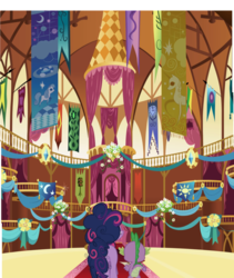 Size: 2905x3440 | Tagged: safe, composite screencap, edit, edited screencap, editor:frustration in excelsis, screencap, spike, twilight sparkle, dragon, pony, friendship is magic, g4, banner, decoration, duo, female, high res, male, mare, ponyville town hall, twilight poofle