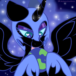 Size: 2000x2000 | Tagged: safe, artist:mulberrytarthorse, nightmare moon, alicorn, pony, g4, bedroom eyes, earth, female, heart eyes, high res, huge, licking, macro, mare, pony bigger than a planet, space, teamtrees, tongue out, wingding eyes