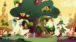 Size: 2880x1620 | Tagged: safe, screencap, fluttershy, spike, twilight sparkle, dragon, pegasus, pony, unicorn, friendship is magic, g4, afternoon, beehive, dragons riding ponies, female, golden oaks library, male, mare, riding, tree, trio, unicorn twilight