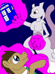 Size: 768x1024 | Tagged: safe, artist:wolfspiritclan, doctor whooves, time turner, oc, earth pony, mewtwo, pony, g4, crossover, doctor who, duo, pokémon, tardis, the doctor