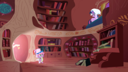 Size: 2880x1620 | Tagged: safe, screencap, spike, twilight sparkle, dragon, pony, unicorn, friendship is magic, g4, book, bookshelf, duo, female, golden oaks library, hat, lampshade, lampshade hat, male, mare, twilight's bedroom, unicorn twilight