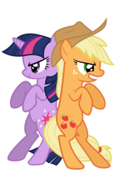 Size: 4500x6750 | Tagged: safe, artist:dharthez, applejack, twilight sparkle, earth pony, pony, unicorn, g4, action pose, applejack's hat, back to back, cowboy hat, female, freckles, hat, mare, simple background, stetson, transparent background, unicorn twilight, vector