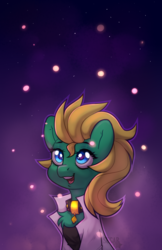 Size: 1292x2000 | Tagged: safe, artist:sugarstar, oc, oc only, oc:professor sugarcube, earth pony, firefly (insect), insect, pony, clothes, collar, lab coat, night, open mouth, shirt, smiling, solo