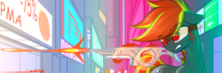 Size: 1500x500 | Tagged: safe, artist:deafjaeger, oc, oc only, oc:deafjaeger, earth pony, pony, angry, blaster, bullet, city, cityscape, cyberpunk, energy weapon, glowing eyes, grin, gun, lights, magic, night, police, raider, shooting, smiling, soft shading, solo, street, technology, telekinesis, the chronicles of order, weapon
