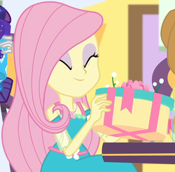 Size: 1000x983 | Tagged: safe, screencap, fluttershy, rarity, dashing through the mall, equestria girls, equestria girls series, g4, holidays unwrapped, spoiler:eqg series (season 2), applejack's hat, canterlot mall, chair, clothes, cowboy hat, cropped, cute, dress, eyes closed, female, flower, fluttershy boho dress, geode of fauna, gift giving, hat, jewelry, magical geodes, mall, necklace, present, shyabetes, sitting, smiling, table, waistband