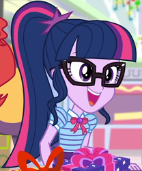 Size: 713x856 | Tagged: safe, screencap, sci-twi, sunset shimmer, twilight sparkle, human, dashing through the mall, equestria girls, equestria girls specials, g4, my little pony equestria girls: better together, my little pony equestria girls: holidays unwrapped, bowtie, canterlot mall, chair, clothes, collar, cropped, female, geode of telekinesis, glasses, jewelry, magical geodes, mall, ponytail, present, shirt, short sleeves, sitting, skirt, smiling, table