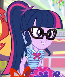 Size: 734x868 | Tagged: safe, screencap, sci-twi, twilight sparkle, dashing through the mall, equestria girls, equestria girls series, g4, holidays unwrapped, spoiler:eqg series (season 2), bowtie, canterlot mall, chair, clothes, collar, cropped, female, geode of telekinesis, gift giving, glasses, jewelry, magical geodes, mall, ponytail, present, shirt, short sleeves, sitting, skirt, smiling, solo focus, table