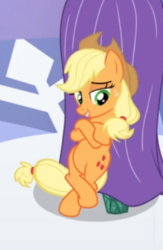 Size: 277x425 | Tagged: safe, screencap, applejack, earth pony, pony, the crystal empire, bipedal, bipedal leaning, cropped, crossed hooves, female, freckles, leaning, lidded eyes, mare, smiling, smug, solo