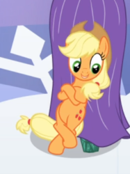 Size: 305x407 | Tagged: safe, screencap, applejack, earth pony, pony, g4, the crystal empire, bipedal, bipedal leaning, cropped, crossed hooves, female, leaning, looking down, mare, smiling, solo