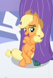 Size: 291x426 | Tagged: safe, screencap, applejack, earth pony, pony, the crystal empire, bipedal, bipedal leaning, cropped, crossed hooves, female, freckles, leaning, lidded eyes, mare, open mouth, solo