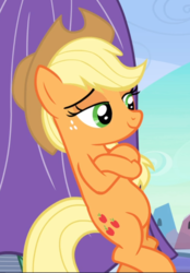 Size: 653x939 | Tagged: safe, screencap, applejack, earth pony, pony, the crystal empire, bipedal, bipedal leaning, cool, cropped, crossed hooves, female, freckles, leaning, lidded eyes, mare, smiling, smug, solo