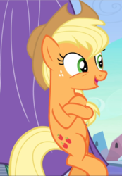 Size: 649x939 | Tagged: safe, screencap, applejack, earth pony, pony, the crystal empire, bipedal, bipedal leaning, cropped, crossed hooves, female, freckles, leaning, mare, open mouth, smiling, solo
