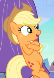 Size: 649x940 | Tagged: safe, screencap, applejack, earth pony, pony, the crystal empire, bipedal, bipedal leaning, cropped, crossed hooves, female, freckles, leaning, mare, open mouth, smiling, solo