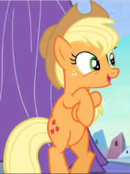 Size: 702x941 | Tagged: safe, screencap, applejack, earth pony, pony, g4, the crystal empire, bipedal, cropped, crossed hooves, cute, female, freckles, jackabetes, mare, open mouth, solo