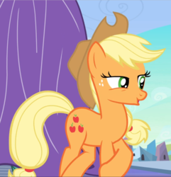 Size: 907x939 | Tagged: safe, screencap, applejack, earth pony, pony, g4, the crystal empire, cropped, crossed hooves, female, freckles, lidded eyes, mare, open mouth, solo