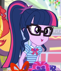 Size: 753x877 | Tagged: safe, screencap, sci-twi, sunset shimmer, twilight sparkle, dashing through the mall, equestria girls, equestria girls specials, g4, my little pony equestria girls: better together, my little pony equestria girls: holidays unwrapped, bowtie, canterlot mall, chair, clothes, collar, cropped, female, geode of telekinesis, gift giving, glasses, jewelry, magical geodes, mall, ponytail, present, shirt, short sleeves, sitting, skirt, smiling, table