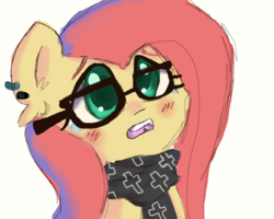 Size: 920x735 | Tagged: safe, artist:kyariiope, artist:ponyaa, fluttershy, pony, g4, alternate hairstyle, blushing, bust, clothes, cross, crying, ear fluff, ear piercing, earring, female, glasses, hipstershy, jewelry, mare, open mouth, piercing, scarf, solo