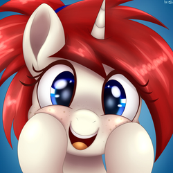 Size: 3000x3000 | Tagged: safe, artist:an-tonio, oc, oc only, oc:silver draw, pony, unicorn, bust, close-up, cute, freckles, high res, looking at you, smiling, solo, squishy cheeks