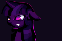 Size: 932x608 | Tagged: safe, artist:kyariiope, artist:ponyaa, twilight sparkle, pony, g4, angry, backlighting, ears back, female, gritted teeth, mare, narrowed eyes, purple background, sidemouth, simple background, solo